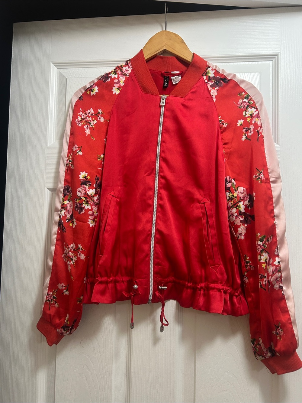 H&M Divided Cherry Blossom 🌸 Red Satin Bomber Jacket - Women's
